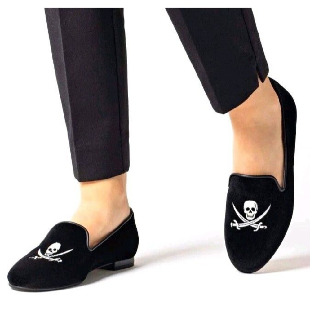 Jon Josef Gatsby black canvas skull Pirate grunge embroidered loafer shoes 8.5 M